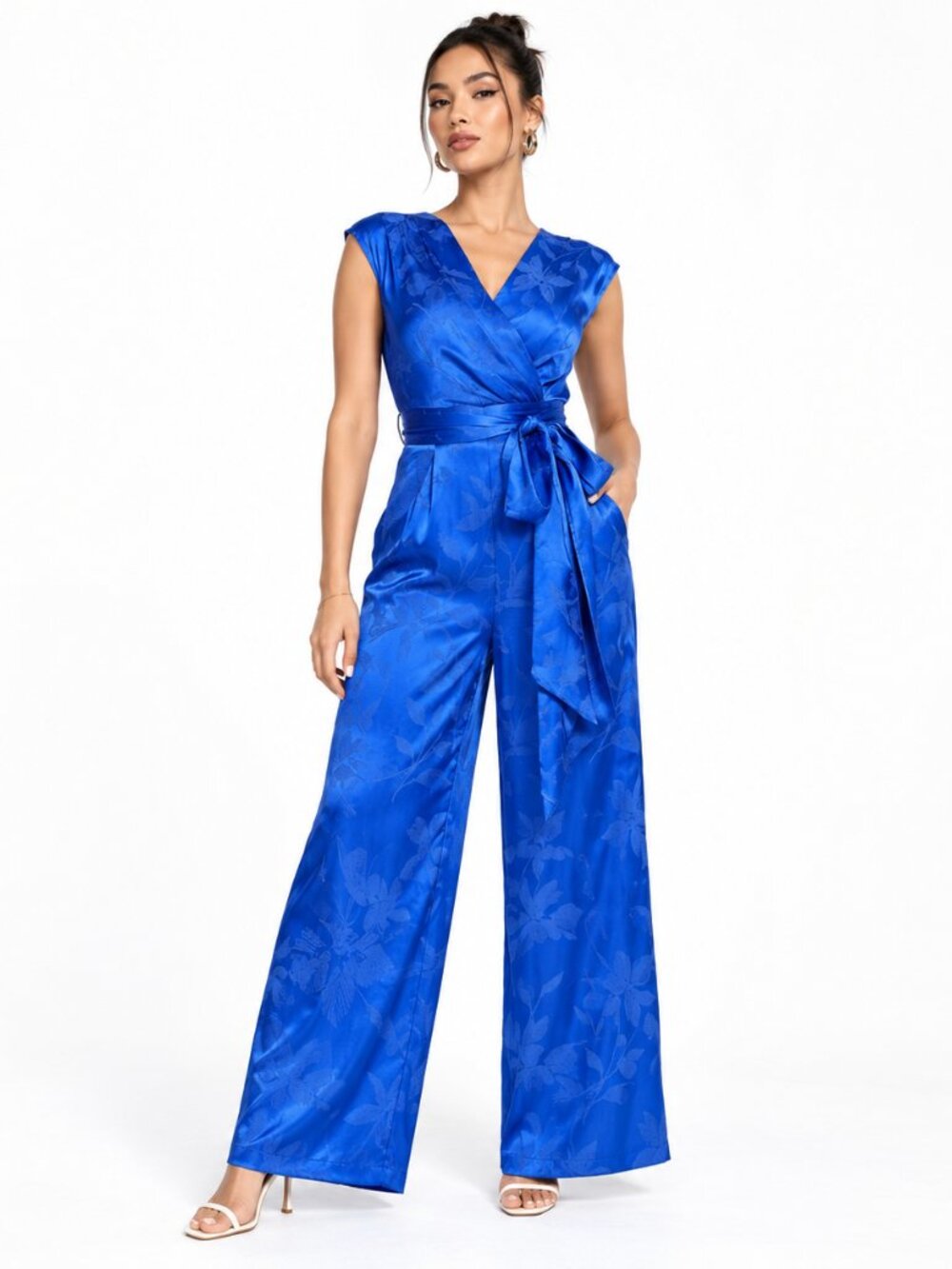 Closet London Satin Jacquard Wrap Jumpsuit Cobalt Floral 6 S